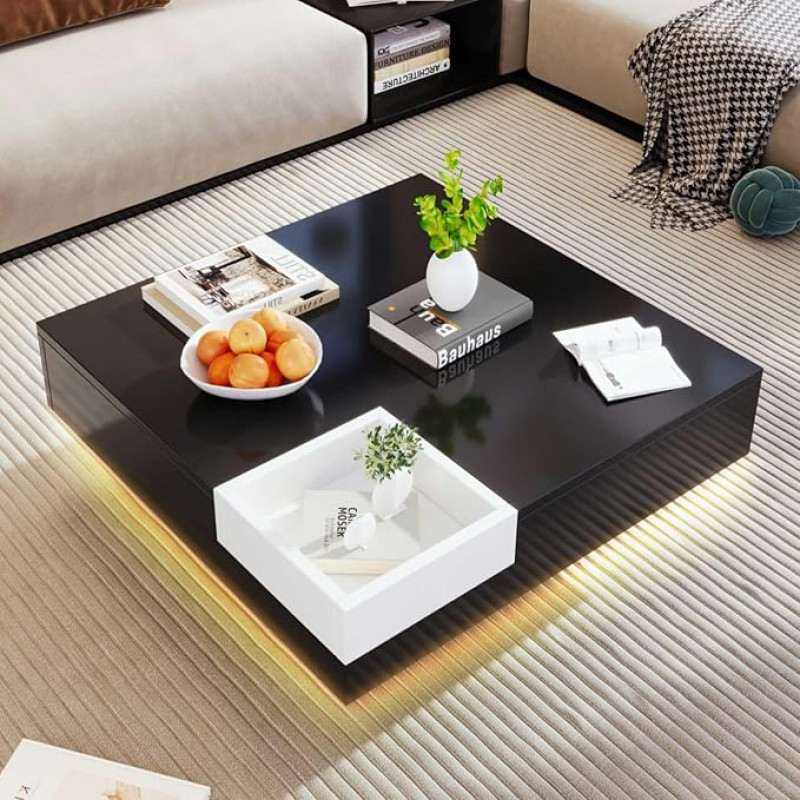 KOMHTOM Modern Coffee Table Square LED Side Table Black Gloss Living Room Table