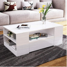 BESTWANTED Coffee Table with Storage Space, White Gloss Centre Table for Living Room, Rectangular with 2 Drawers and 6 Open Shelves, Home Office Furniture, 95 x 55 x 37 cm