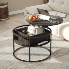 HOJINLINERO Round Coffee Table with Lifting Plate, Wooden Table for Living Room, Hidden Storage Space and Folding Top, Modern Sofa Side Table