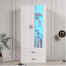 Lexiou 16 Colours LED Illuminated Display Cabinet, 2 Doors, 2 Drawers with Glass Doors, Standing Display Cabinet, White LED Display Case, Living Room Wall, Buffet Cabinet, High Shelf, Bookshelf