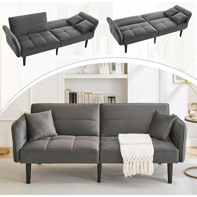 A ALFRESCOOL 2-Seater Sofa with Sleep Function, Velvet Folding Sofa with Adjustable Backrest and Folding Armrests, 2-in-1 Sofa Bed Extendable with 2 Cushions, Small Sofas for Small Spaces, Grey