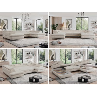 MKS MEBLE Sofa U, Living Landscape U-Shape, Corner Sofa with Sleep Function and Bed Box, Sofa Bed with Bed Box, Couch with Adjustable Headrests - Pedro U - Cream Velvet