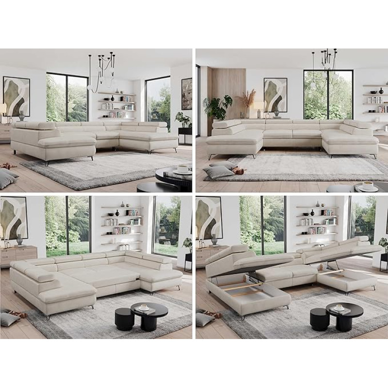 MKS MEBLE Sofa U, Living Landscape U-Shape, Corner Sofa with Sleep Function and Bed Box, Sofa Bed with Bed Box, Couch with Adjustable Headrests - Pedro U - Cream Velvet