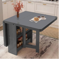 Faltbarer Massivholz-Küchentisch, Klapptisch mit Blättern, Ess- und Bürotisch mit doppellagigem Aufbewahrungsregal, vielseitiges zusammenklappbares Design, unterstützt 400 kg, ideal für kleine Räume