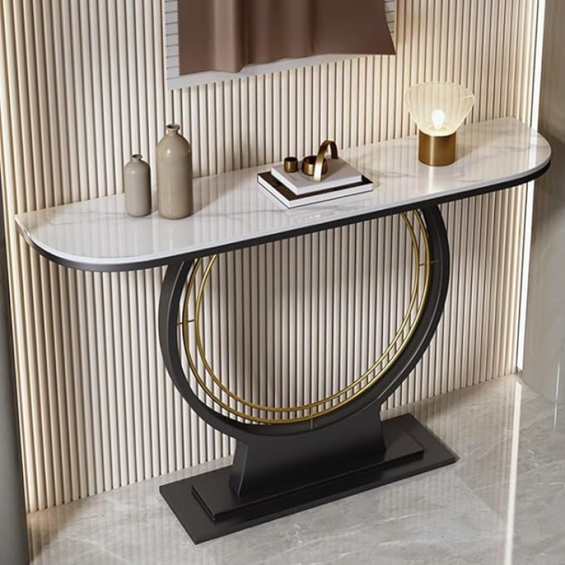 YVYKFZD Narrow Console Table, Semicircular Side Table, Behind Sofa Table, Hallway Table with Metal Frame, Minimalist Accent Entrance Table, for Entrance Area (Black A, 80 cm / 31.4 inches)