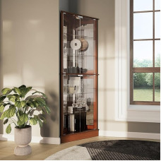 BELLEZE Curio Corner Cabinet Illuminated Wooden Shelf with Tempered Glass Door, Bar and Liquor Storage Area with 6 Shelves, Woody (Oak)