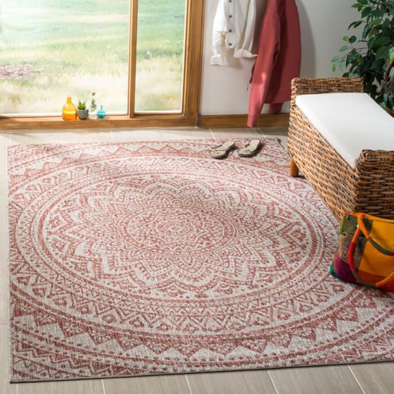 SAFAVIEH Courtyard Collection Contemporary Rug for Living Room, Dining Room, Bedroom Short Pile, Light Beige and Terracotta, 201 x 290 cm