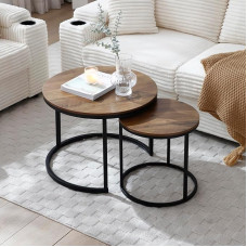HANXIN Nesting Couchtisch 2er Set, Runde Couchtische für Wohnzimmer mit Walnussholzmaserung Platte und verstellbaren rutschfesten Füßen, industrieller Beistelltisch Beistelltische für Schlafzimmer