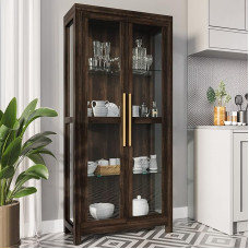 BELLEZE Storage Cabinet, Tall Bookcase or Display Cabinet for Living Room Bedroom Curio Cabinet with Tempered Glass Doors, Trophy Display Cabinet, Storage/Organization - Avalon (Dark