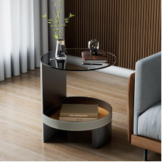 Artloge Side Table Round Sofa Table C-Shape Smoked Glass Stylish Small Side Table Luxury Scratch-Resistant Leather Coffee Table 2 Shelves Living Room Table for Couch and Sofa 46 x 46 x 52 cm