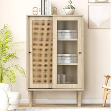 HAINEW Modern Sideboard Chest of Drawers with 1 PE Plastic Rattan Door Sliding Doors and 1 Glass Sliding Doors, Wood, 100 cm High Sideboard with Adjustable Shelves for Dining Room or Living Room, Oak