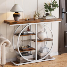 LIFECHOVY Konsolentisch für Eingangsbereich, industrieller Flur, Sofatisch mit Ablagen, schmaler Akzent-Dekor, Wohnzimmermöbel mit kreisförmigem Sockel für Foyer, Eingang, Braun Weiß