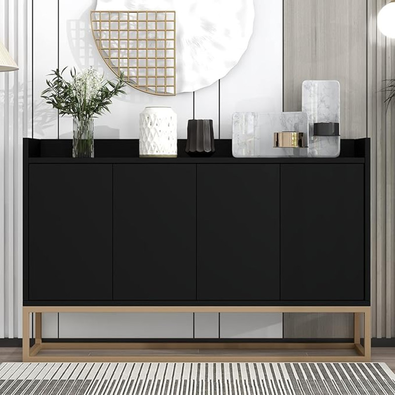 BTM Modern Sideboard in Minimalist Style, 4 Door Handle-Free Buffet Cabinet for Dining Room, Living Room, Kitchen (Black)