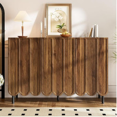 BTM Modern Wood-Coloured Sideboard with Wave Doors - 120 x 35 x 80 cm - Handle-Free, Adjustable Shelves - Storage Space for Living Room, Hallway & Dining Room