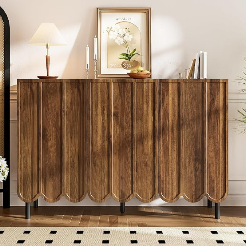 BTM Modern Wood-Coloured Sideboard with Wave Doors - 120 x 35 x 80 cm - Handle-Free, Adjustable Shelves - Storage Space for Living Room, Hallway & Dining Room