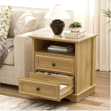 XIAO WEI Side Table with Hidden Drawer, Side Table with 2 Drawers and Open Shelf, Sofa Table for Living Room, Natural