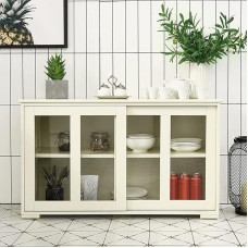 CHEFJOY Sideboard, Sideboard, Buffet Cabinet, Stackable, with Adjustable Shelf, Glass Doors, Wooden Cabinet, Sideboard for Kitchen, Dining Room, Living Room, Entrance Area (White)