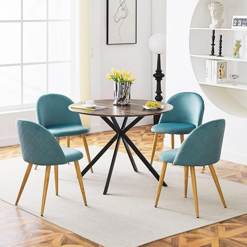 CLIPOP Dining Room Chairs Set of 4, Velvet Dining Room Chairs with Backrest and Wooden Style Metal Legs, for Living Room, Office and Restaurant (4, Blue)