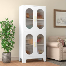 GAIOUS 155cm Display Cabinet with Four Acrylic Doors, Kitchen Cabinets with Adjustable Feet and Shelves, White Metal Storage Cabinet for Kitchen, Dining Room, Bathroom, Hallway and Living Room