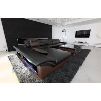 Monza L Shape Corner Sofa with LED Lighting, Adjustable Headrests, Chaise Longue / Leather Colours / Choice of Orientation (Ottoman Left, Black-Dark Brown)