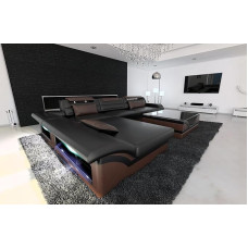 Monza L Shape Corner Sofa with LED Lighting, Adjustable Headrests, Chaise Longue / Leather Colours / Choice of Orientation (Ottoman Left, Black-Dark Brown)