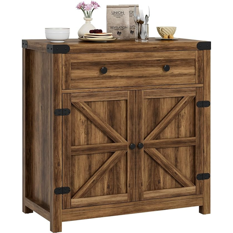 YESHOMY Farmhouse Coffee Bar Cabinet, Sideboards, with Barn Doors, Spacious Drawer, Adjustable Inner Shelf, Generous Surface for Kitchen, Bathroom, Entryway, Living Room, Pure Brown