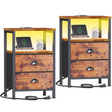 Furologee Bedside Tables Set of 2 Charging Stations, Side Tables with LED Lights, Bedside Tables with 2 Fabric Drawers and Shelves, Bedside Tables for Living Room/Bedroom, Rustic Brown