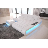 Sofa Concept L Shape Short in Leather - with LED Lighting, Ergonomic Backrests, Chaise Longue / Choice of Leather Colours / Orientation Ottoman Selectable (Ottoman Right, White)
