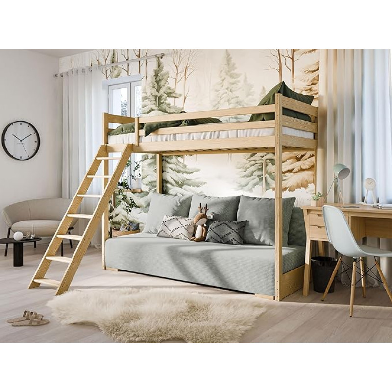 Bunk Bed Sofa 90 x 200 cm Natural with Sofa Bed 140 x 200 cm Couch in Corduroy Fabric Sage Green Oeko-Tex 100 with 3 Cushions Bunk Bed 200 x 90 cm with Ladder and Sofa Bed 200 x 140 cm