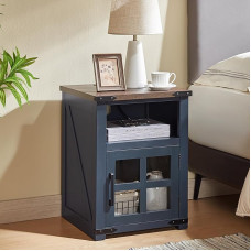 Barnyatoh - Farmhouse Bedside Table with Charging Station, Rustic Side Table with Barn Door Tempered Glass Side Bedside Table with Open Shelf for Living Room