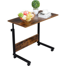 Karl home Mobile Side Table 80cm Computer Desk with Wheels Height Adjustable Rolling Portable Laptop Cart C Shaped Bed Couch Side Tables with Edge Stopper for Living Room