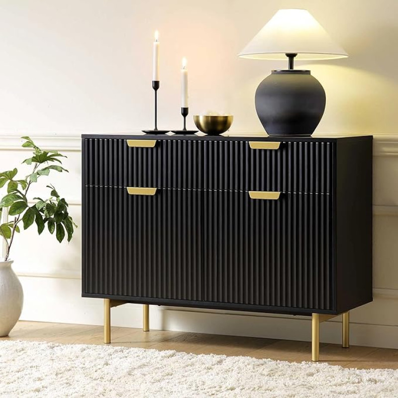 G Fine Furniture Wooden Sideboard Cabinet for Living/Dining/Drawing/Bedroom & Office with 2 Drawers & 2 Doors Cupboard Storage | Solid Wood Acacia & Iron, Black & Golden