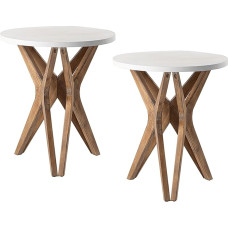 LONYKE Country Style Side Table, Set of 2, Distressed Table Top with Tripod Base, Bedside Table for Living Room, Modern, Boho Decor, Round (2 Pack, White & Walnut)