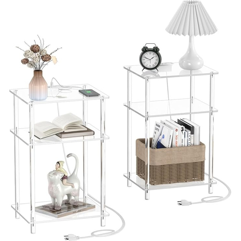 Eglaf Acrylic Side Table with Charging Station - 3 Tier Charging End Table Set of 2 - Clear Bedside Table with USB Ports and Outputs - for Bedroom, Living Room, 15