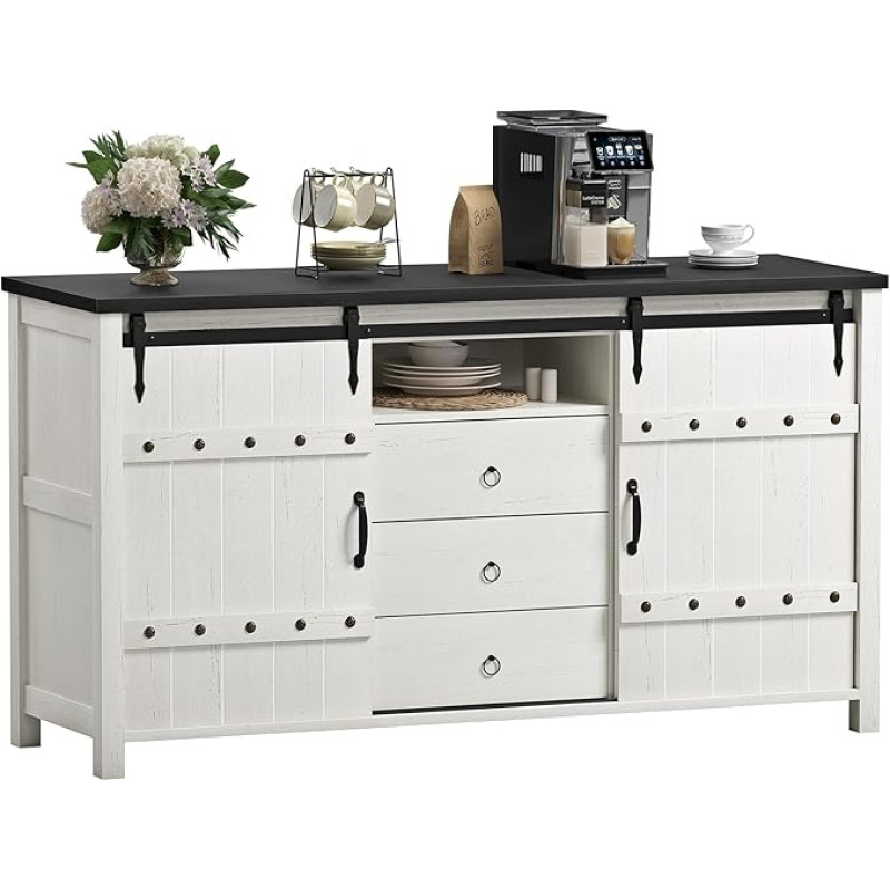 REAHOME Buffet Cabinet with Storage Space, Farmhouse Sideboard, Buffet Cabinet with Sliding Doors and 3 Drawers, Coffee Bar Cabinet, Buffet Table for Kitchen, Dining Room, Living Room, White