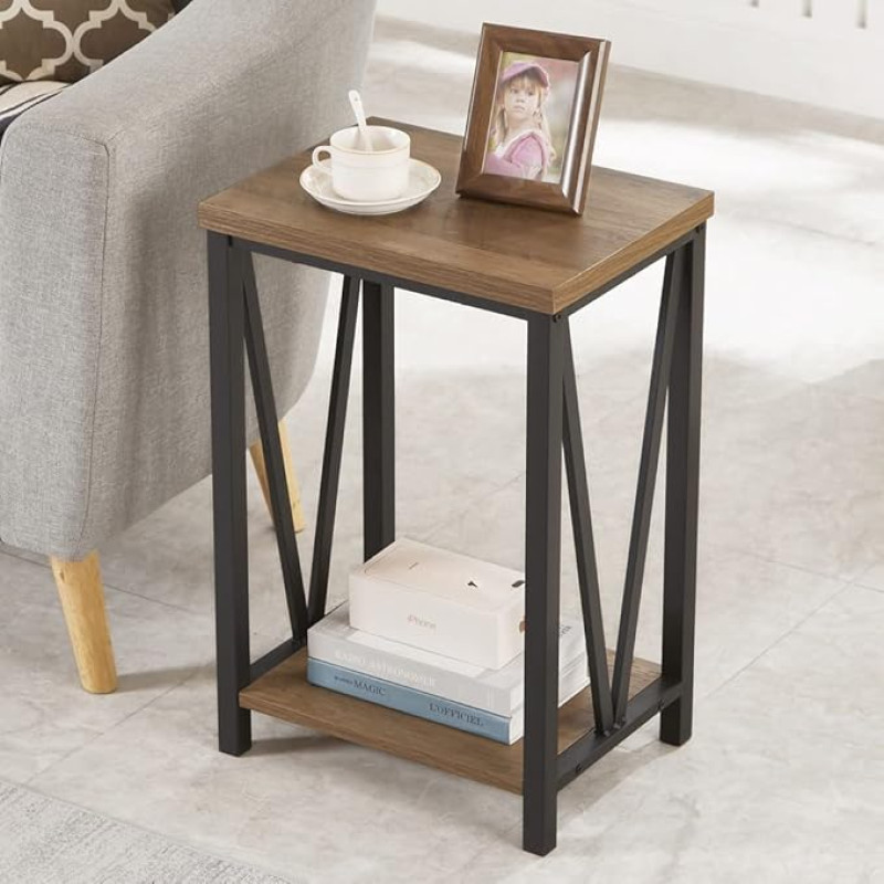 FOLUBAN Side Table Living Room Table with Shelf, Rustic Side Table for Living Room, Bedside Table Made of Wood and Metal, for Bedroom, Oak