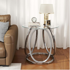 O&K FURNITURE Silver Glass Side Table for Living Room Bedroom Home Office Modern Round Glass Bedside Table with Metal Frame Chrome Plated 61 x 61 x 63 cm (W x D x H)