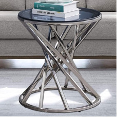 AINPECCA Sofa Side Table Coffee Table Stainless Steel with Light Grey Tempered Glass Design Living Room (Silver, Round, 50 cm)
