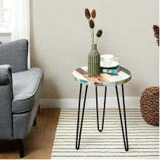 WELLAND Recycled Wood End Table Round Hairpin End Table Bedside Table Recycled Boat Wood 20