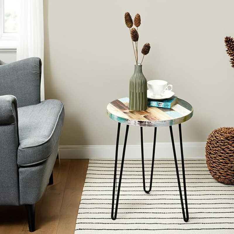 WELLAND Recycled Wood End Table Round Hairpin End Table Bedside Table Recycled Boat Wood 20