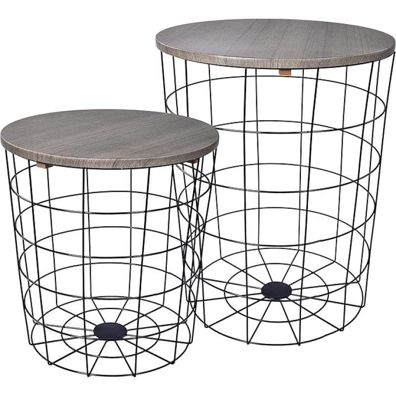 Elevon Set of 2 Grey Wire Basket Base with Wooden Tops, Side Table