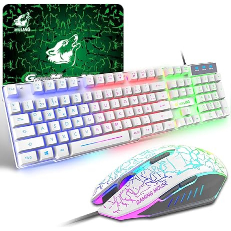 T13 Gaming Keyboard and Mouse Set, QWERTZ German Layout, Rainbow LED Backlight, Ergonomic Keyboard, 6 Buttons, 2400 DPI Mouse, USB Wired, Compatible with PS4 XBox