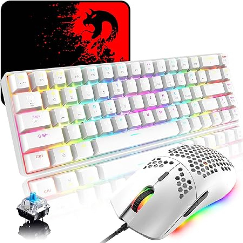 RGB Gaming Keyboard and Mouse Set, 68 Keys, Blue Switch, 60% Mini Chroma Mechanical Keyboard, 6400DPI Lightweight Optical Honeycomb Mouse, USB Cable, Compatible with Windows, Mac, PS4 Xbox, White