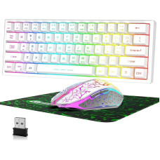 60% Wireless Gaming Keyboard and Mouse Combo Set 2.4 GHz Rechargeable 3800 mAh 61 Keys Compact Keyboard with Rainbow LED Backlight + 2400 DPI 6 Buttons Rainbow LED Silent Mouse (White)