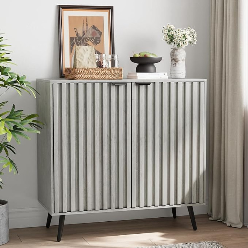Semiocthome Grey Buffet Cabinet with Storage Space, Sideboard Cabinet with Ribbed Doors and Metal Legs, Storage Cabinet with Adjustable Shelf, Accent Table for Living Room, Dining Room, Kitchen,