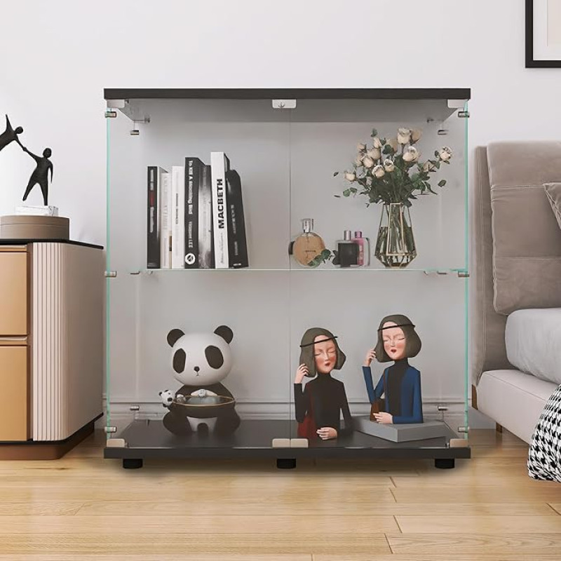 LFT HUIMEI2Y Curio Glass Display Cabinet, 2 Tier with Double Door, Quick Installation in 30 Minutes, 5mm Tempered Glass, Floor Standing Bookcase for Bedroom, Living Room, 83.3 x 80.5 x 36.6 cm