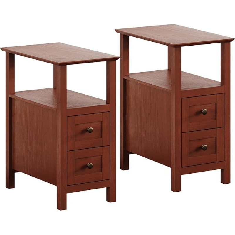 ChooChoo Beistelltische Wohnzimmer 2er Set, 3-stöckiger schmaler Nachttisch mit 2 Schubladen, schmaler Nachttisch für Wohnzimmer, Schlafzimmer, kleiner Raum, Kirschbraun