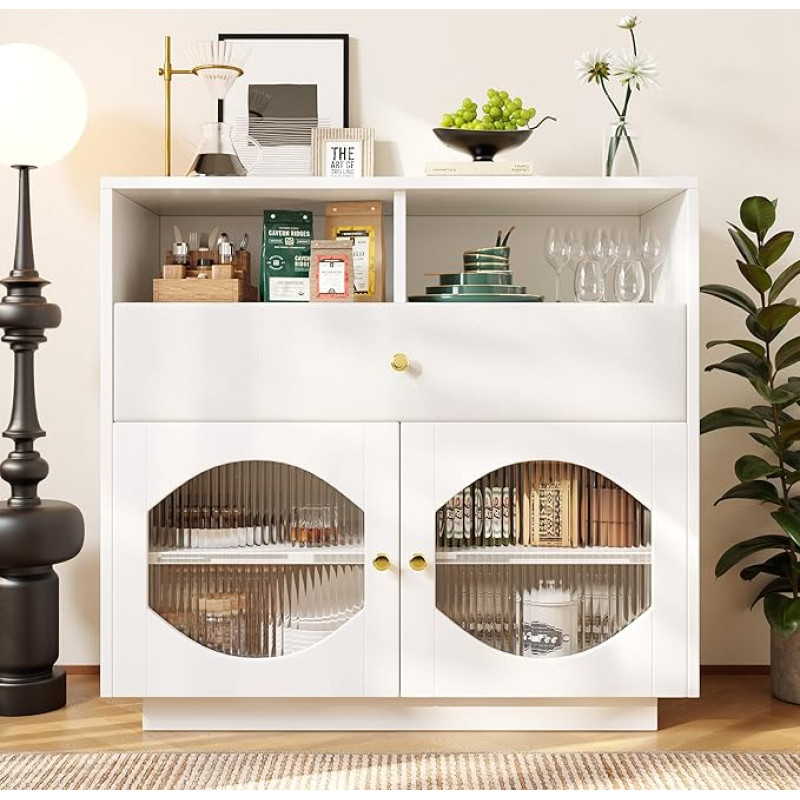 BTM Kitchen Cabinet, Sideboard with Glass Doors, Storage Cabinet, Buffet Cabinet for Kitchen, Dining Room and Living Room, Modern White Sideboard, 100 x 40 x 90.5 cm