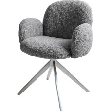 DELIFE Nube-Flex Dining Room Chair with Armrests Cross Frame Wide Stainless Steel Bouclé Silver Grey 360° Rotatable Pocket Spring Core