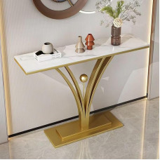 HARELA Modern Console Table with Metal Base, Rectangular Sofa Table Behind the Couch, Marbled Pattern Surface for Small Room, Entrance, Hallway, Living Room (Gold C)
